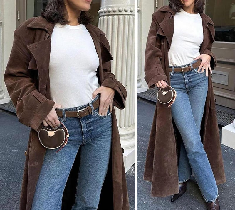 utcoco Womens Faux Suede Long Trench Coat Notched Lapel Double Breasted Pea Coat Overcoat with Belt - Image 5